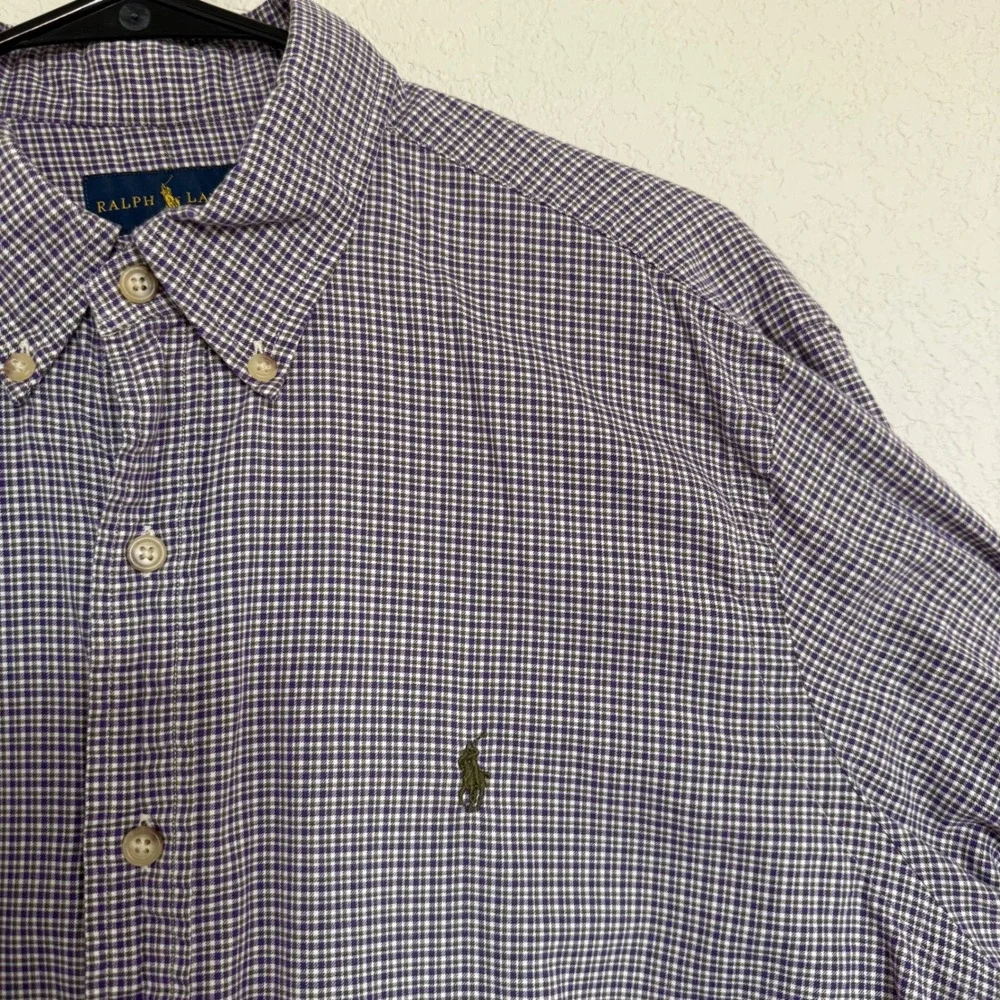 Ralph Lauren Mens Large Gingham Button Down Shirt Purple Long Sleeve Pony Preppy
